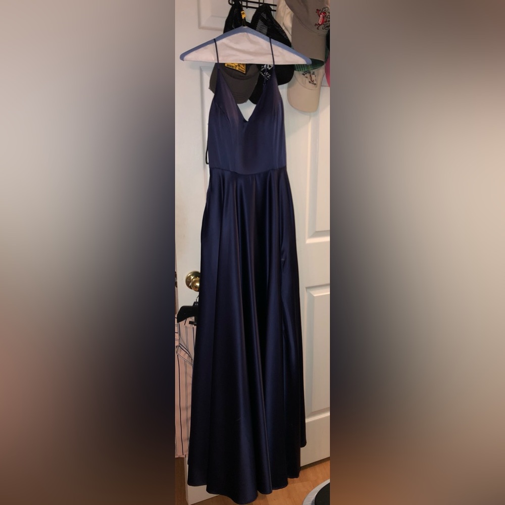 B darlin dark blue long satin v neck